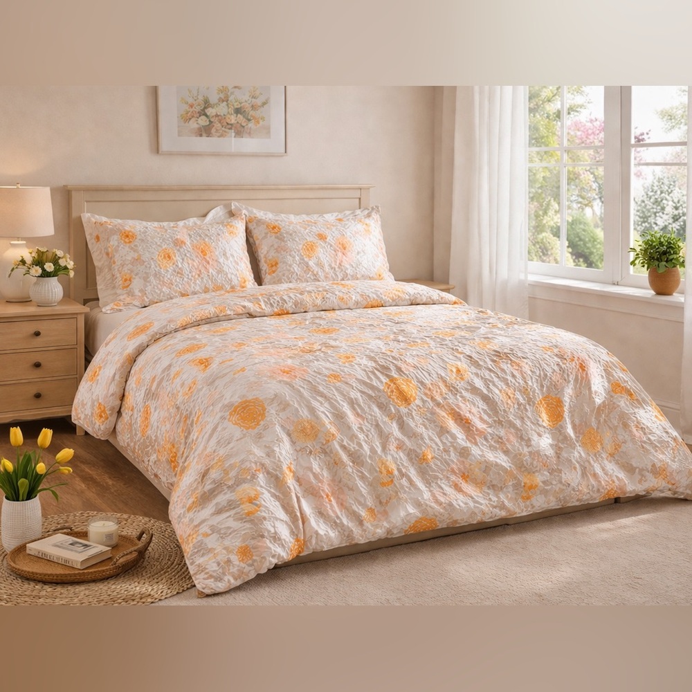 Vintage Marcielo Floral Quilt Set White Orange Full/Queen + 2 Shams